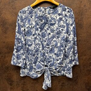 Banana Republic Blue White Floral Paisley Oversized Small Tie Waist Keyhole Back